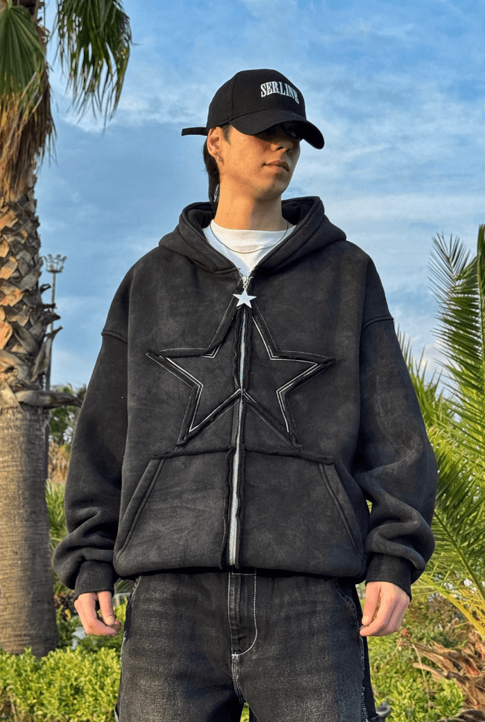 Premium Acid Wash Star Nakış Oversize Zip - Siyah