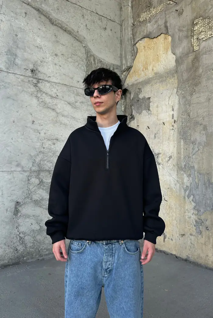 Basic Oversize Yarım Fermuarlı Sweatshirt