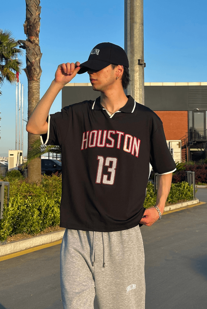 Houston Baskılı Polo Yaka Premium Oversize Jersey