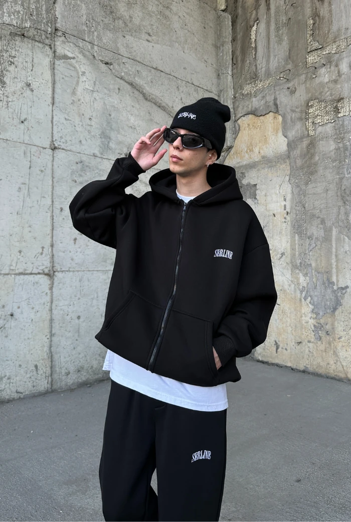 Serline Nakışlı Oversize Zip Hoodie
