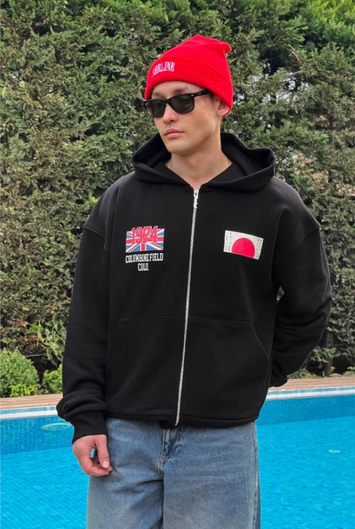 Premium War Baskılı Oversize Zip - Siyah