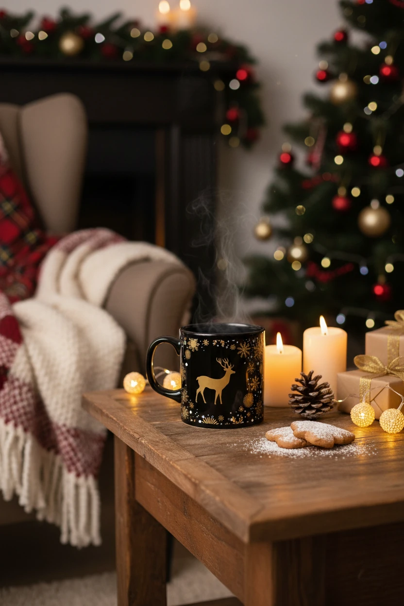 Geyik Desenli Seramik Altın Yaldızlı Yılbaşı Kupası