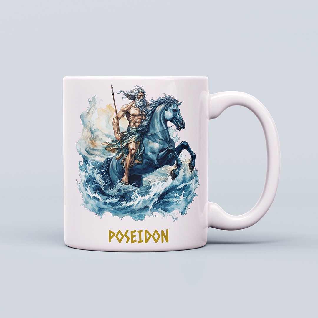 Yunan Tanrıları Temalı 330ml Seramik Kahve Kupası – Poseidon