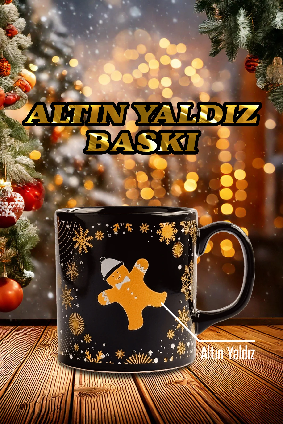 Kurabiye Adam Desenli Seramik Altın Yaldızlı Yılbaşı Kupası