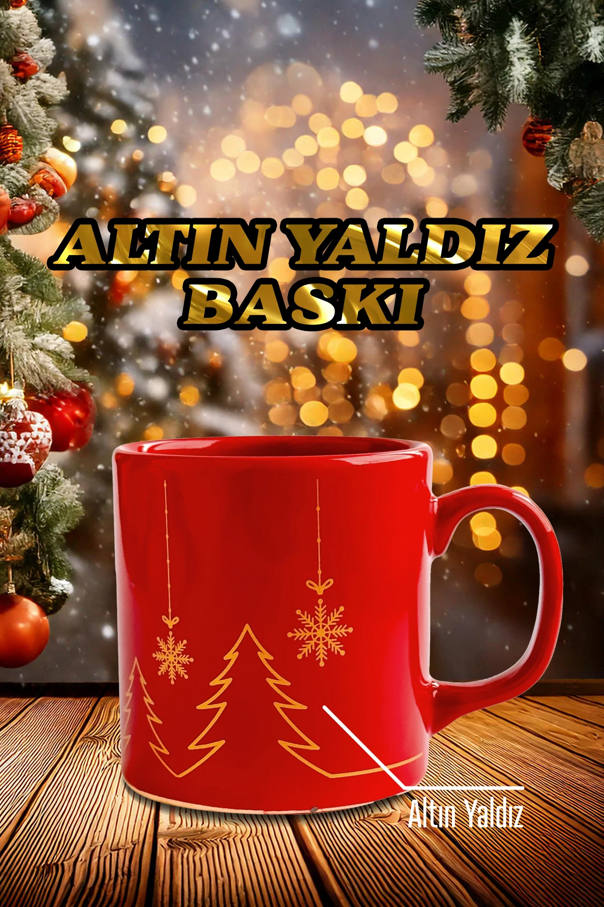 Geyik Desenli Seramik Altın Yaldızlı Yılbaşı Kupası