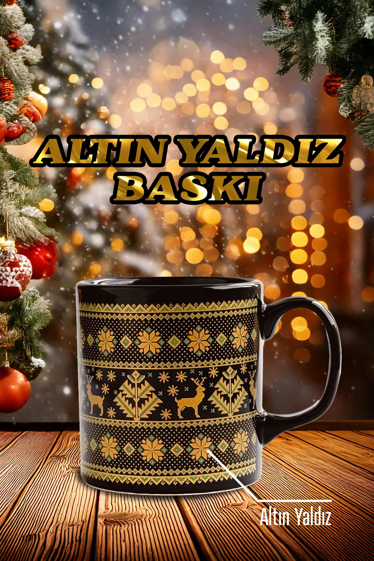 Kazak Desenli Seramik Altın Yaldızlı Yılbaşı Kupası
