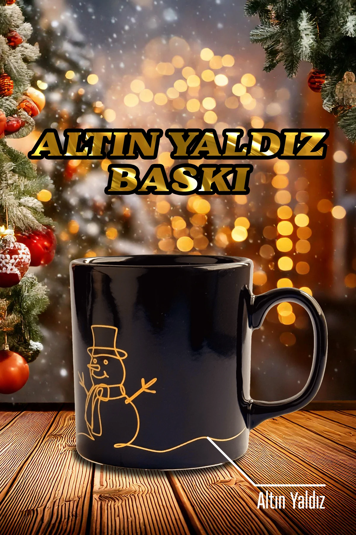 Yılbaşı Ağacı Desenli Seramik Altın Yaldızlı Yılbaşı Kupası