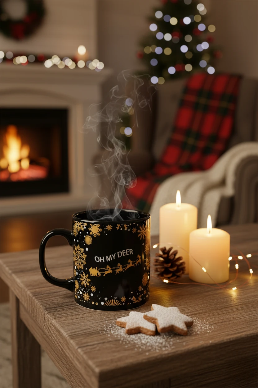 Geyik Desenli Oh My Deer Seramik Altın Yaldızlı Yılbaşı Kupası