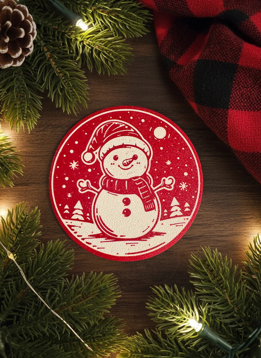 Yılbaşı Konseptli Bardak Altlığı Kardan Adam Desenli