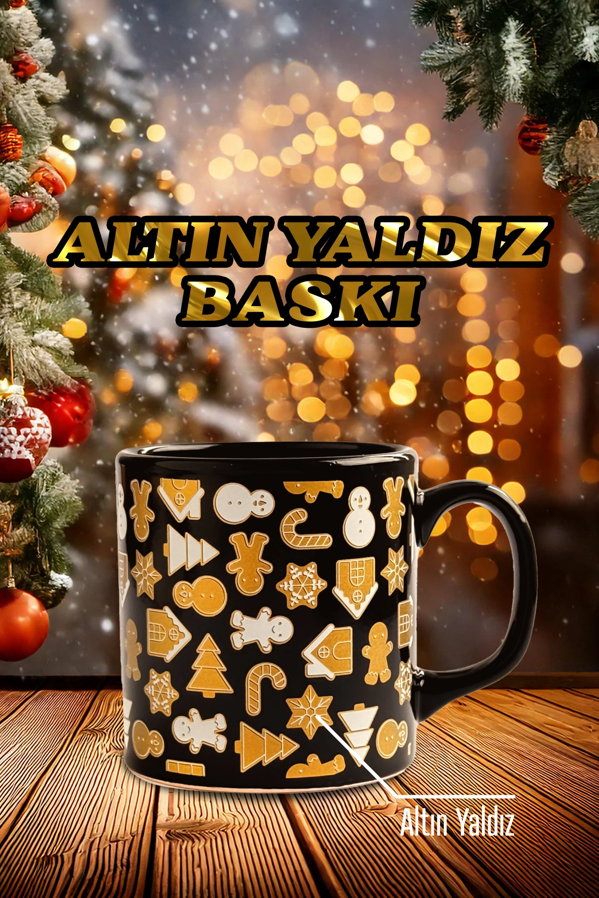 Desenli Seramik Altın Yaldızlı Yılbaşı Kupası