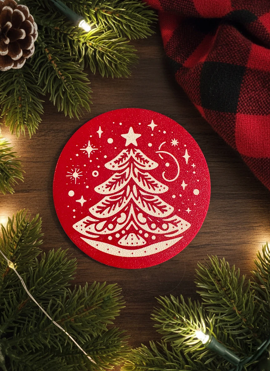 Yılbaşı Konseptli Bardak Altlığı Çam Ağacı Desenli