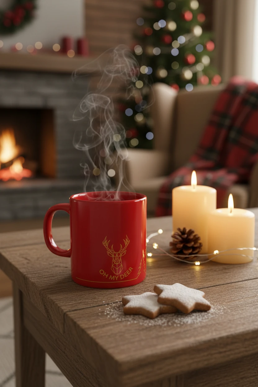 Geyik Desenli Seramik Altın Yaldızlı Yılbaşı Kupası