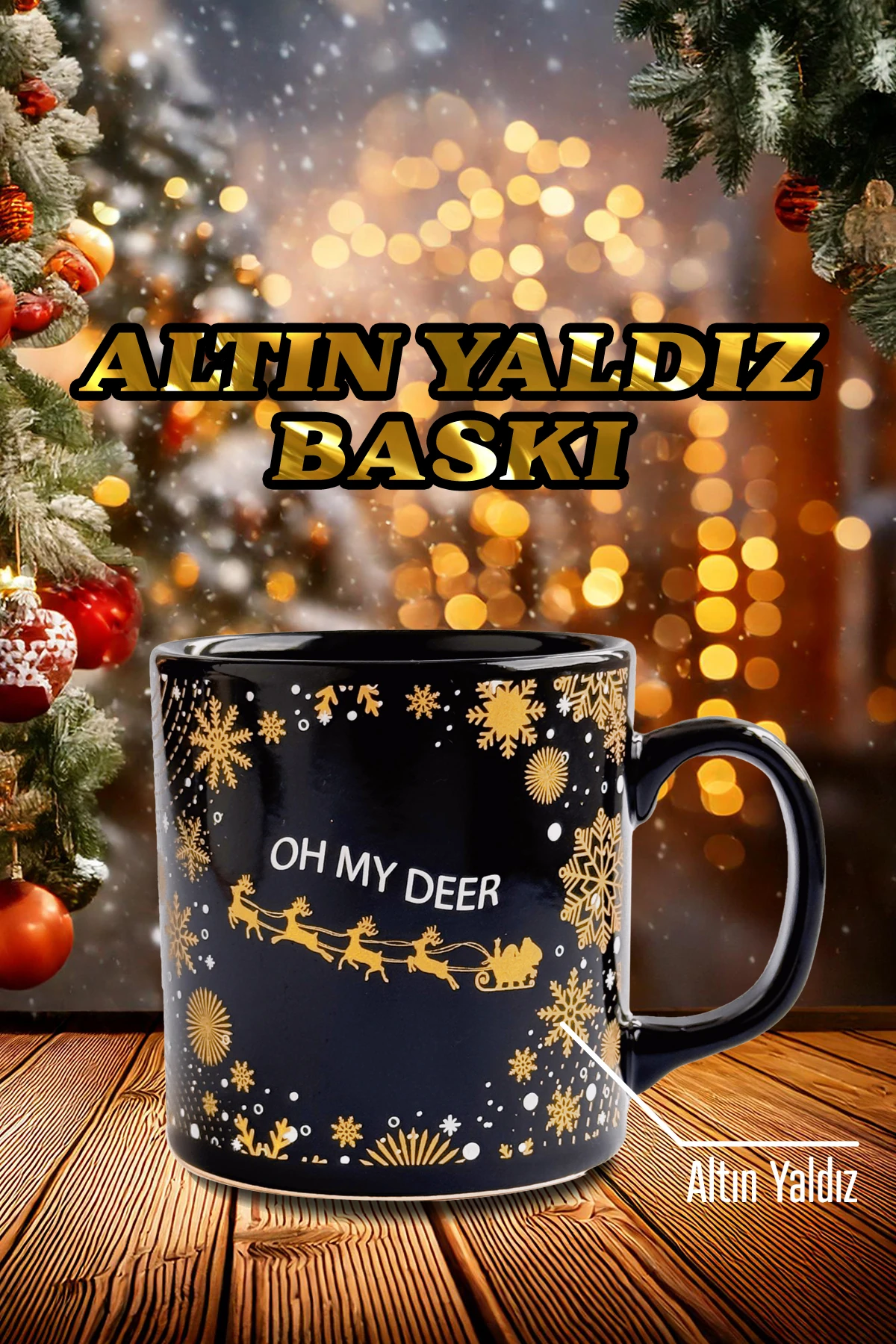Geyik Desenli Oh My Deer Seramik Altın Yaldızlı Yılbaşı Kupası