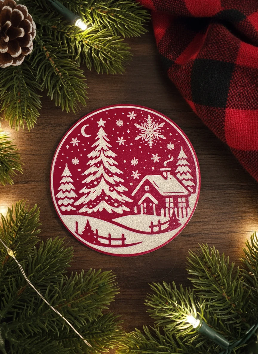 Yılbaşı Konseptli Bardak Altlığı Orman Desenli