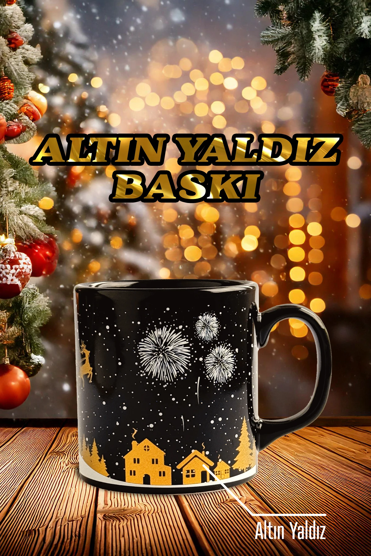 Noel Baba Desenli Seramik Altın Yaldızlı Yılbaşı Kupası