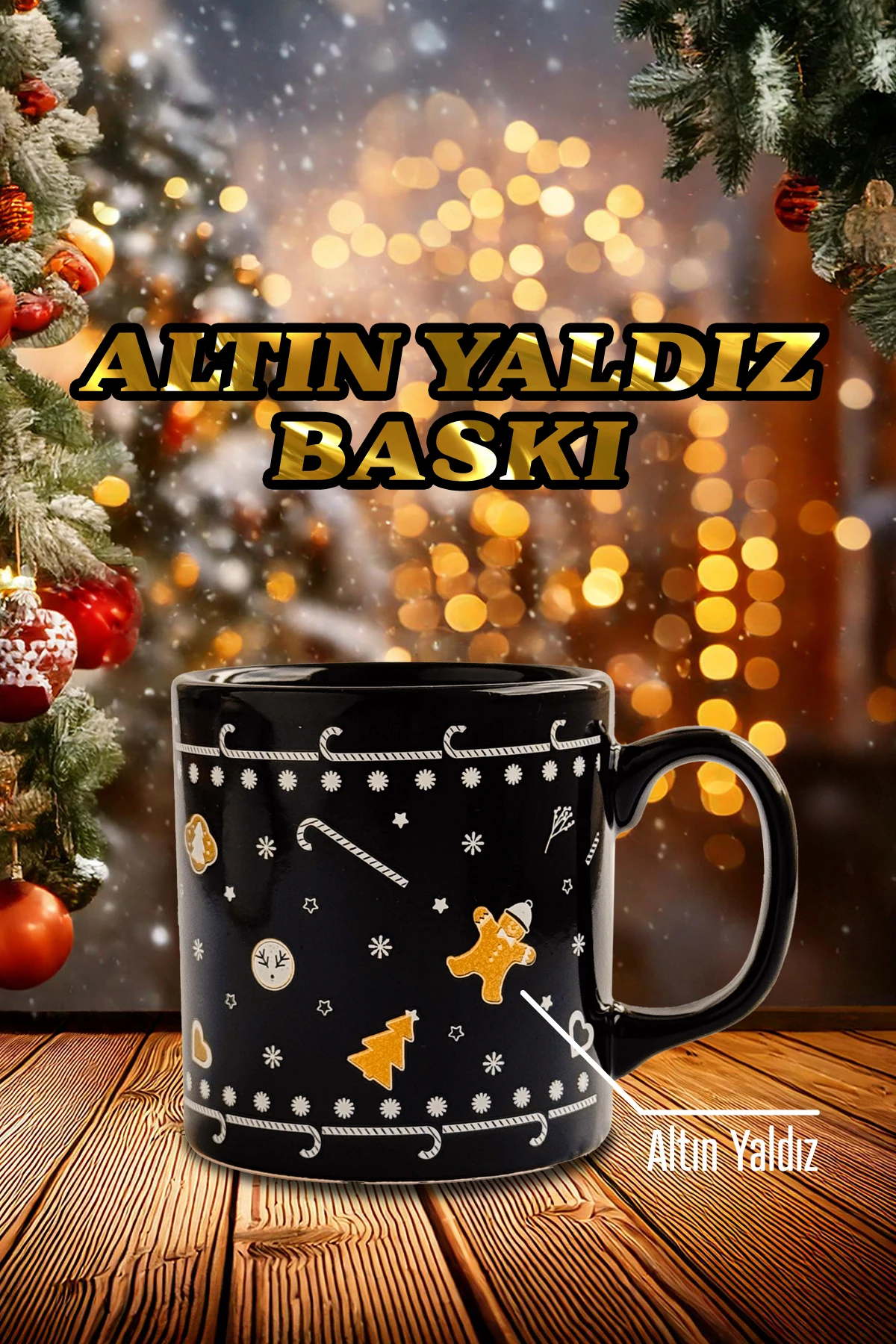 Yılbaşı Desenli Seramik Altın Yaldızlı Yılbaşı Kupası