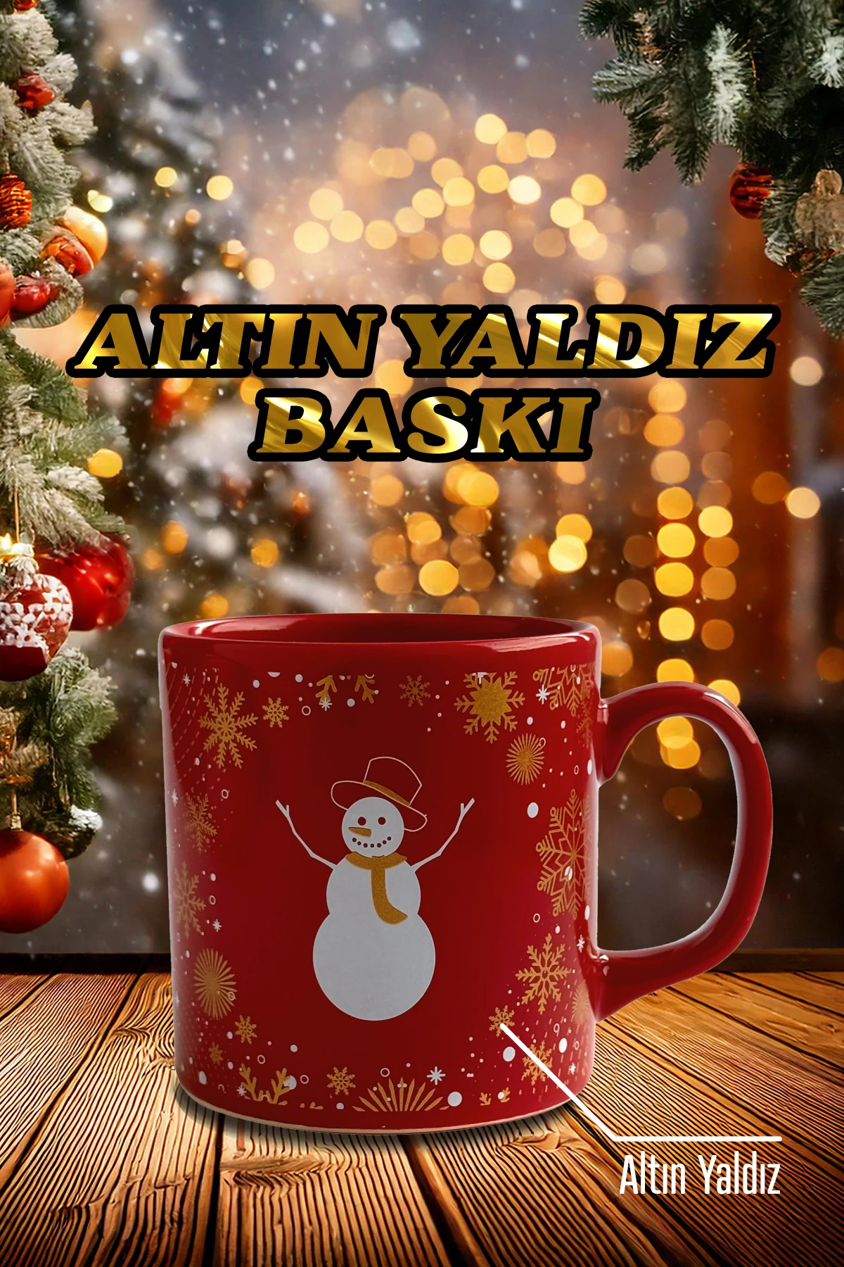 Noel Baba Desenli Seramik Altın Yaldızlı Yılbaşı Kupası