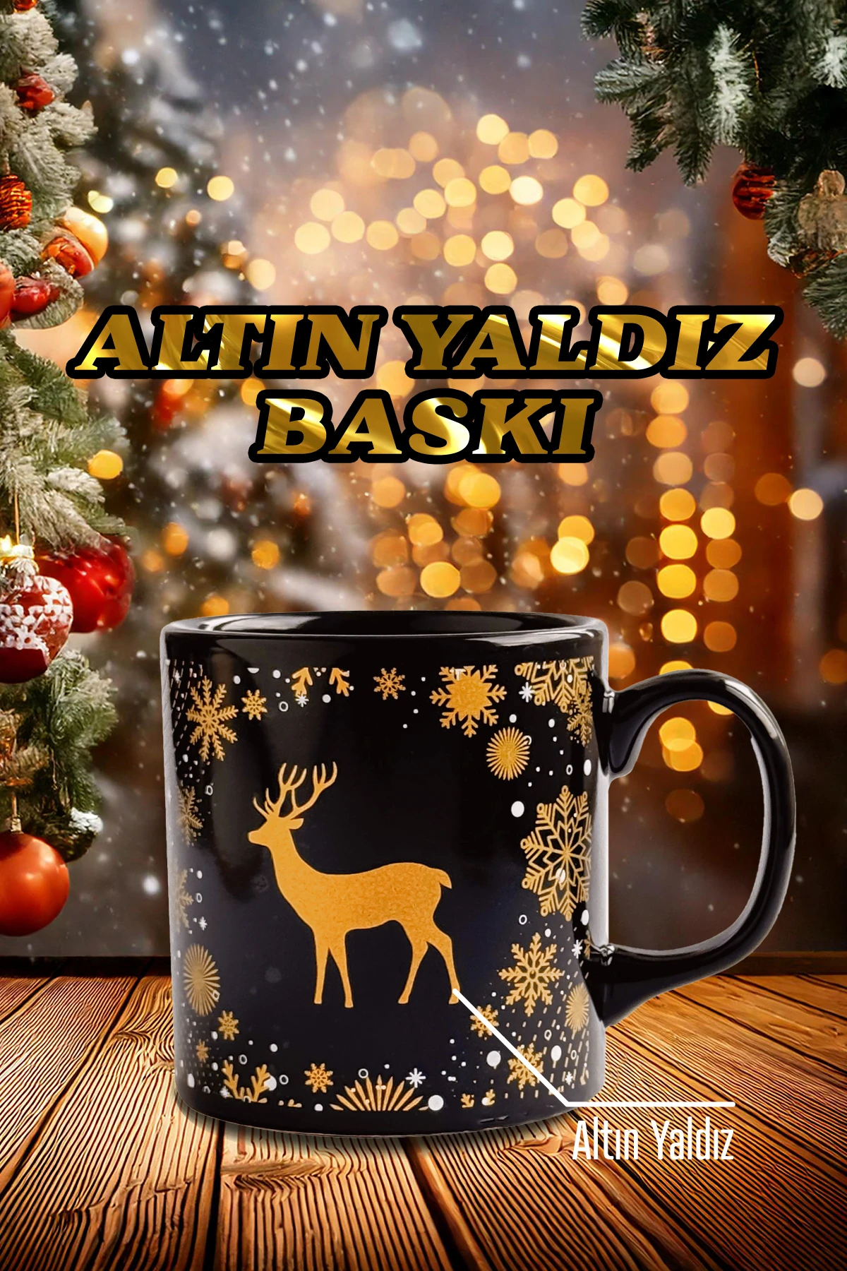 Geyik Desenli Seramik Altın Yaldızlı Yılbaşı Kupası