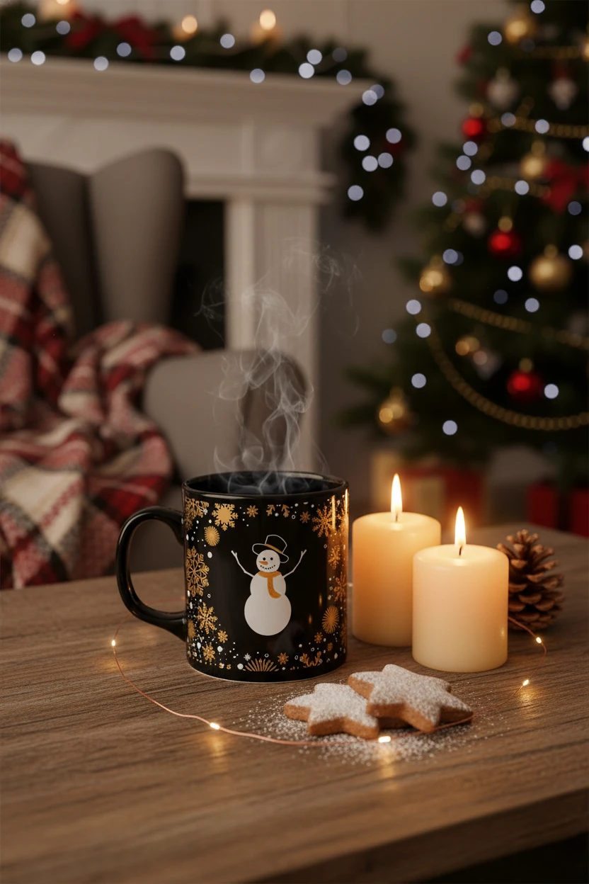 Kardan Adam Desenli Seramik Altın Yaldızlı Yılbaşı Kupası