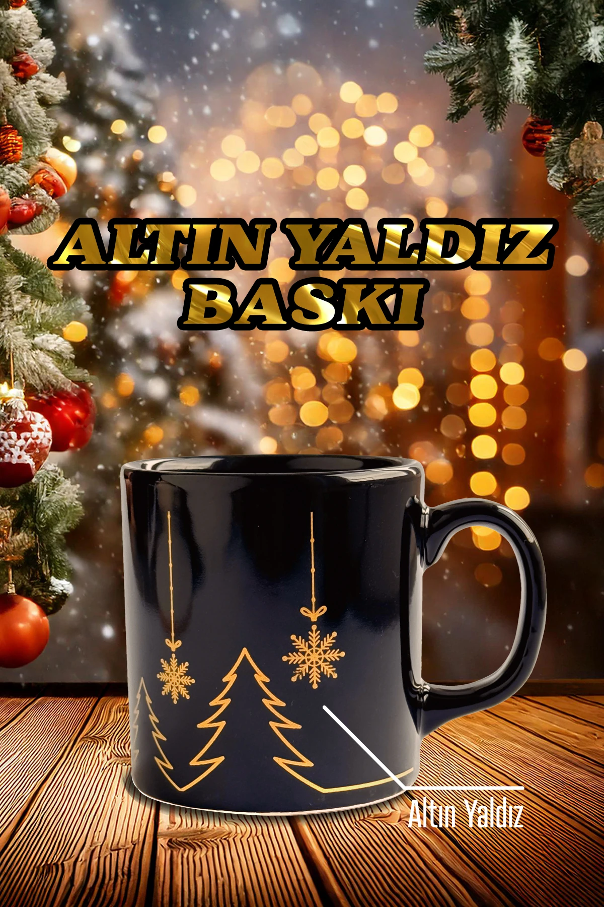 Geyik Desenli Seramik Altın Yaldızlı Yılbaşı Kupası