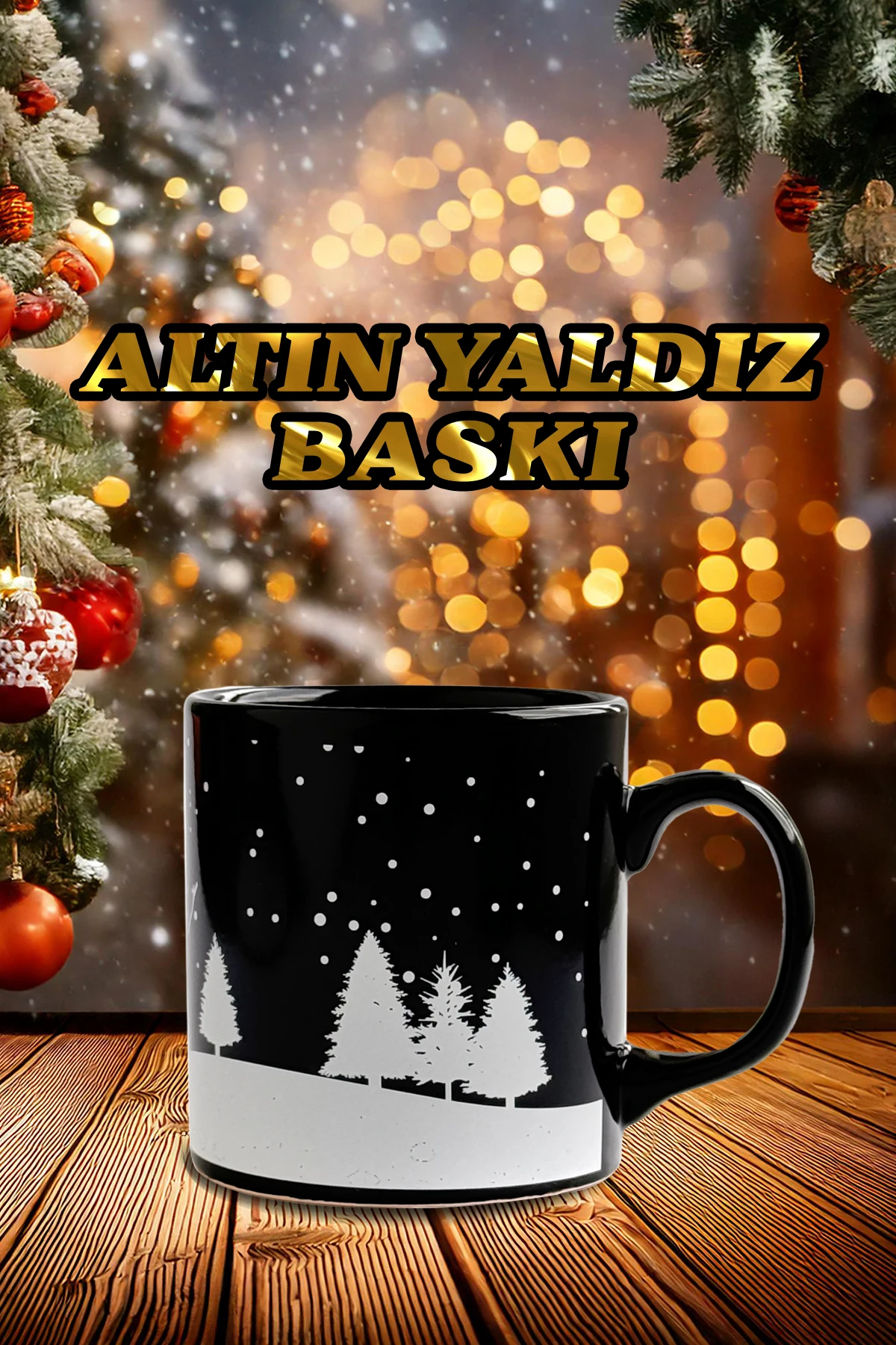 Noel Baba Desenli Seramik Altın Yaldızlı Yılbaşı Kupası