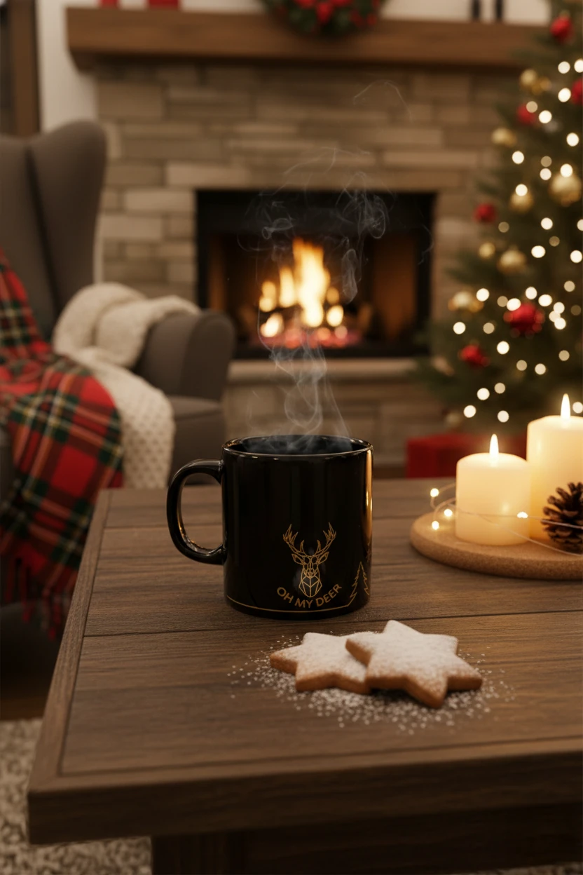 Geyik Desenli Seramik Altın Yaldızlı Yılbaşı Kupası