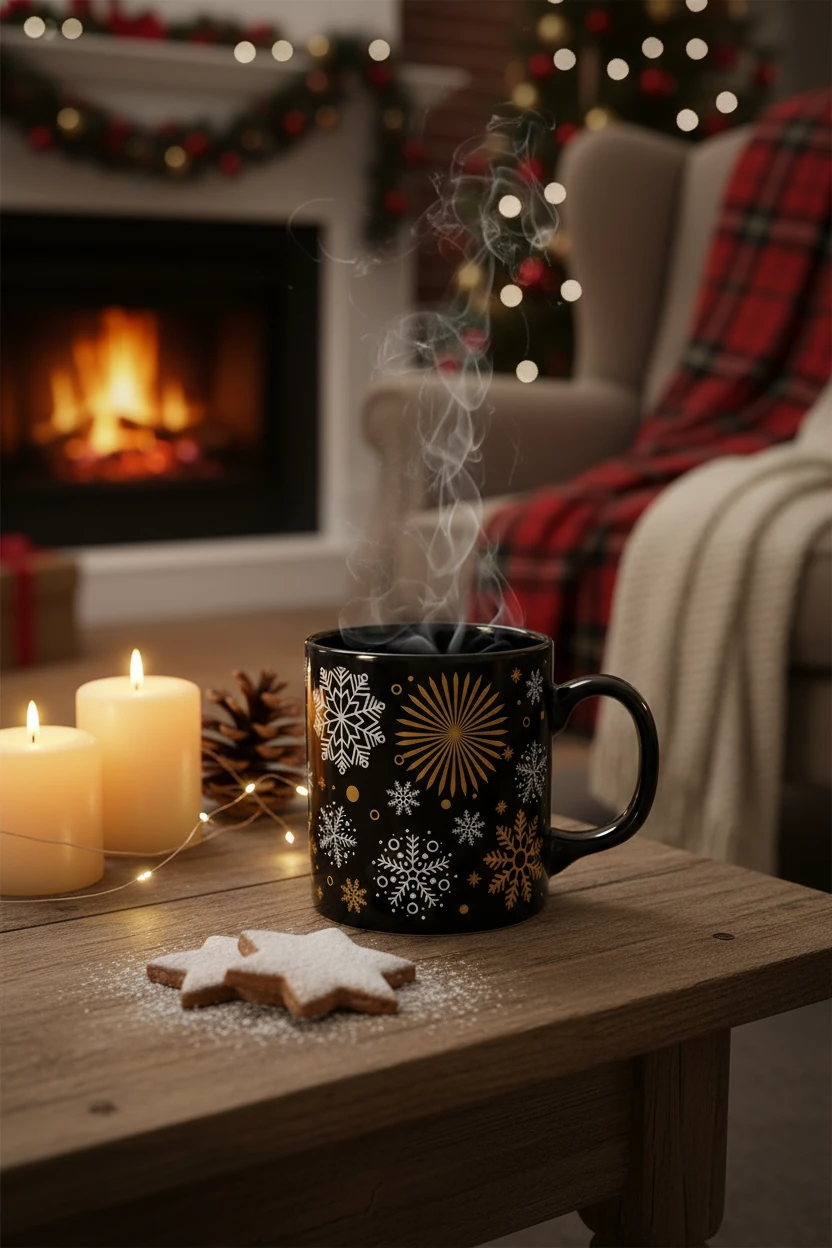 Kar Tanesi Desenli Seramik Altın Yaldızlı Yılbaşı Kupası