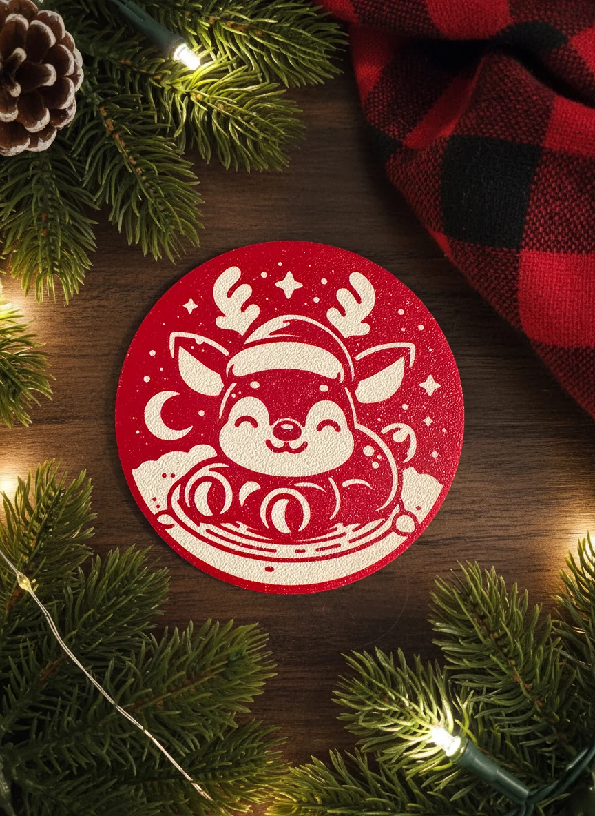Yılbaşı Konseptli Sevimli Geyik Bardak Altlığı