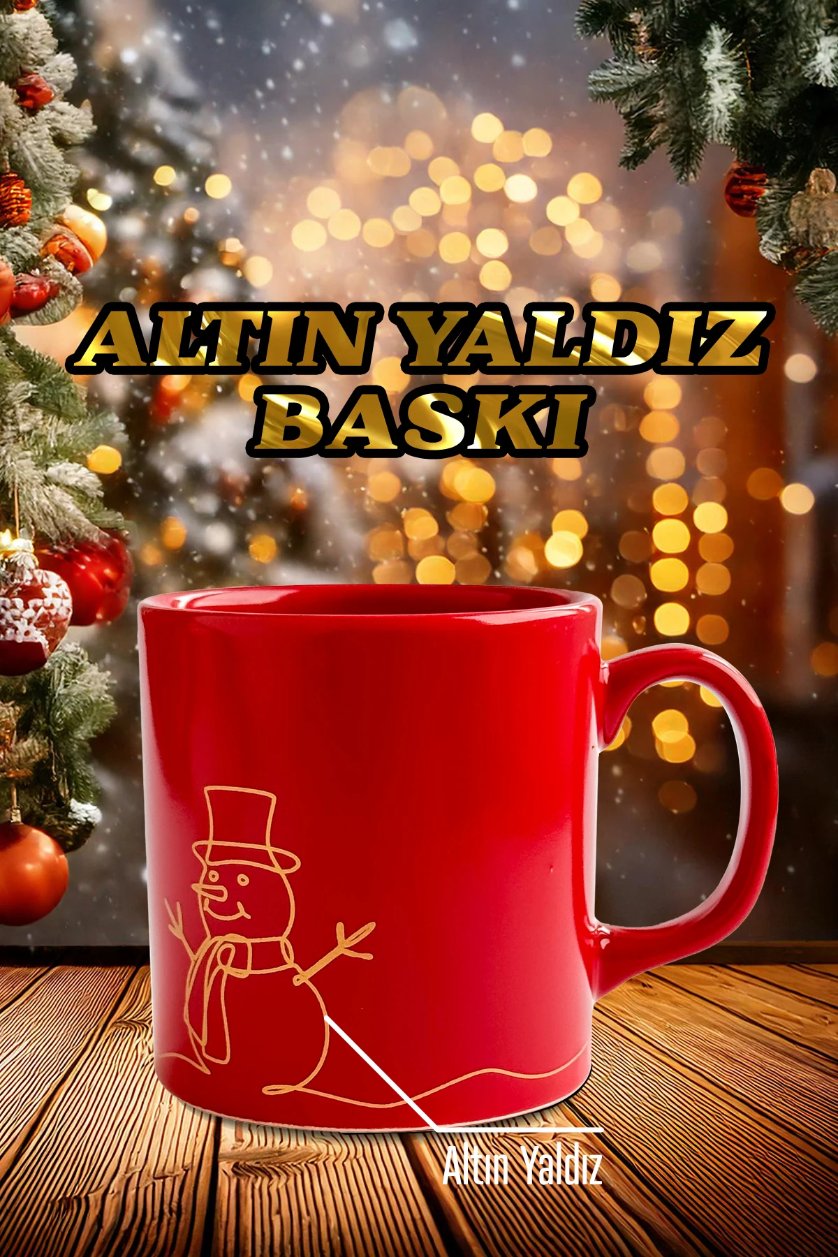 Yılbaşı Ağacı Desenli Seramik Altın Yaldızlı Yılbaşı Kupası