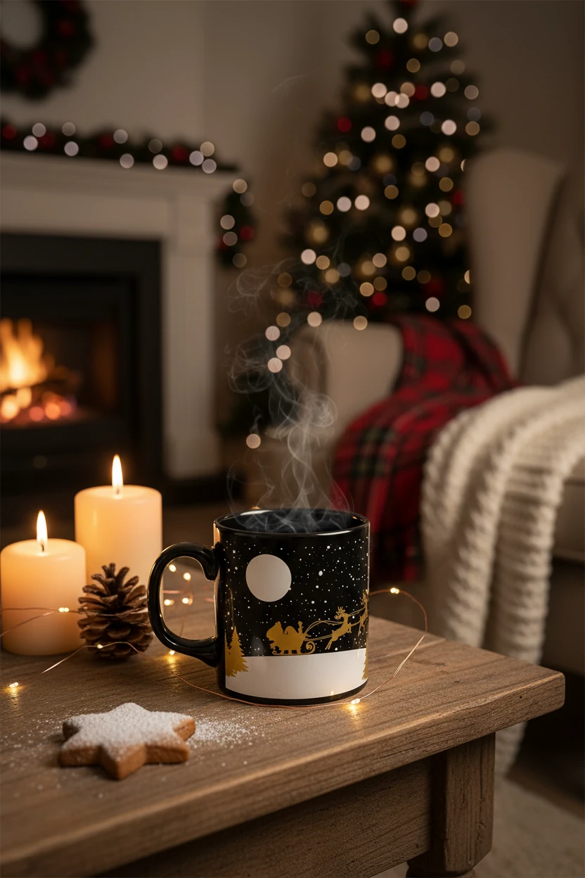 Noel Baba Desenli Seramik Altın Yaldızlı Yılbaşı Kupası