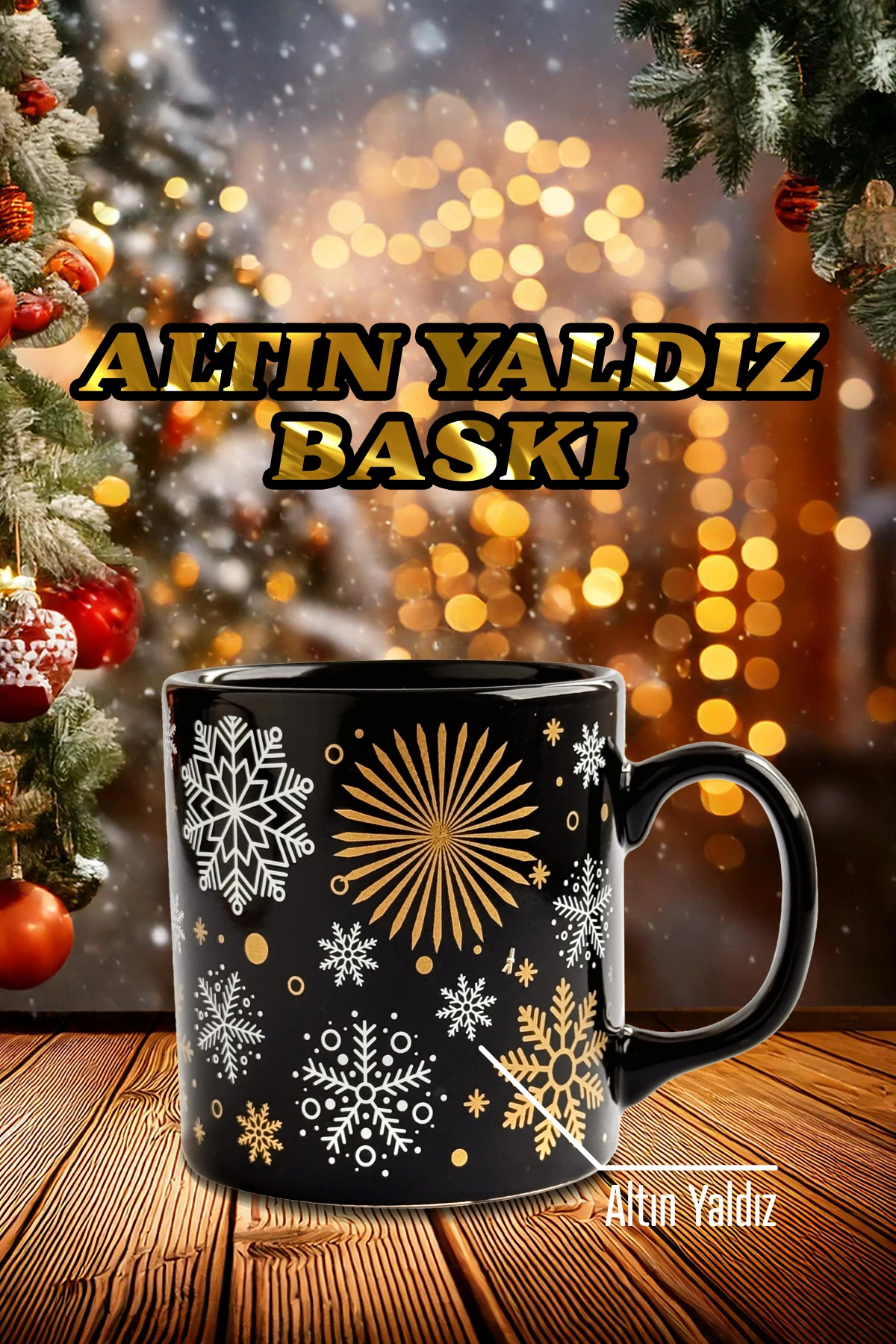 Kar Tanesi Desenli Seramik Altın Yaldızlı Yılbaşı Kupası