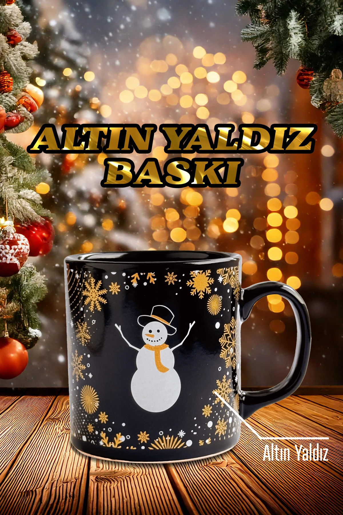 Kardan Adam Desenli Seramik Altın Yaldızlı Yılbaşı Kupası