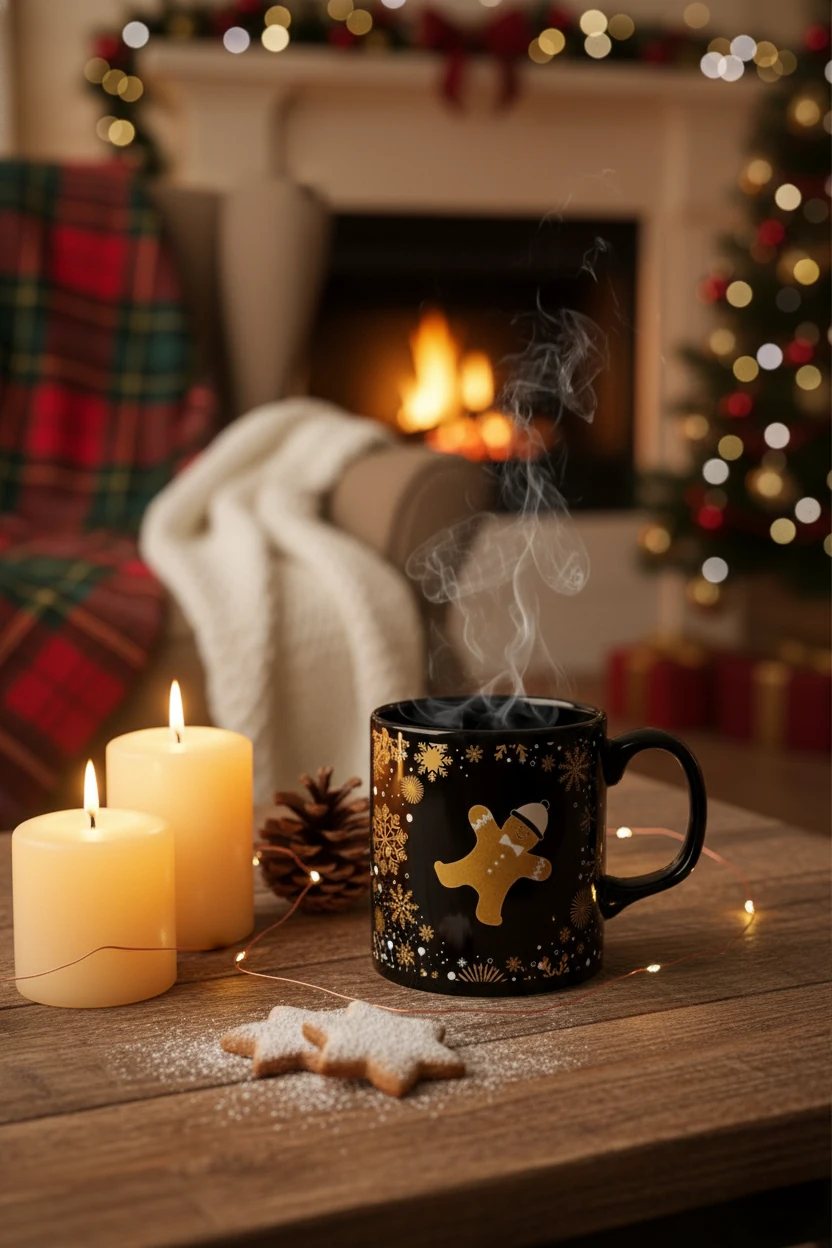 Kurabiye Adam Desenli Seramik Altın Yaldızlı Yılbaşı Kupası