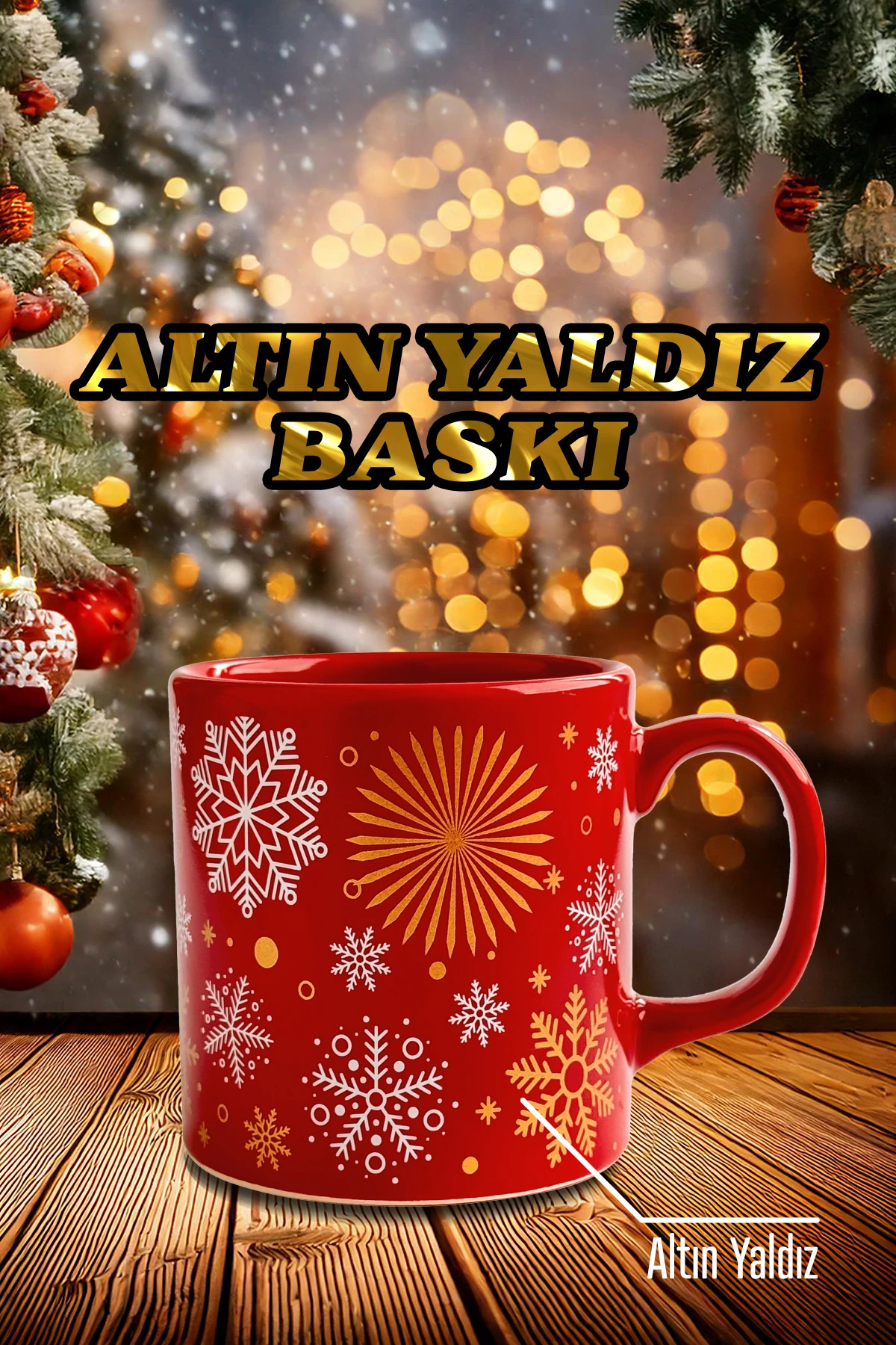 Kar Tanesi Desenli Seramik Altın Yaldızlı Yılbaşı Kupası