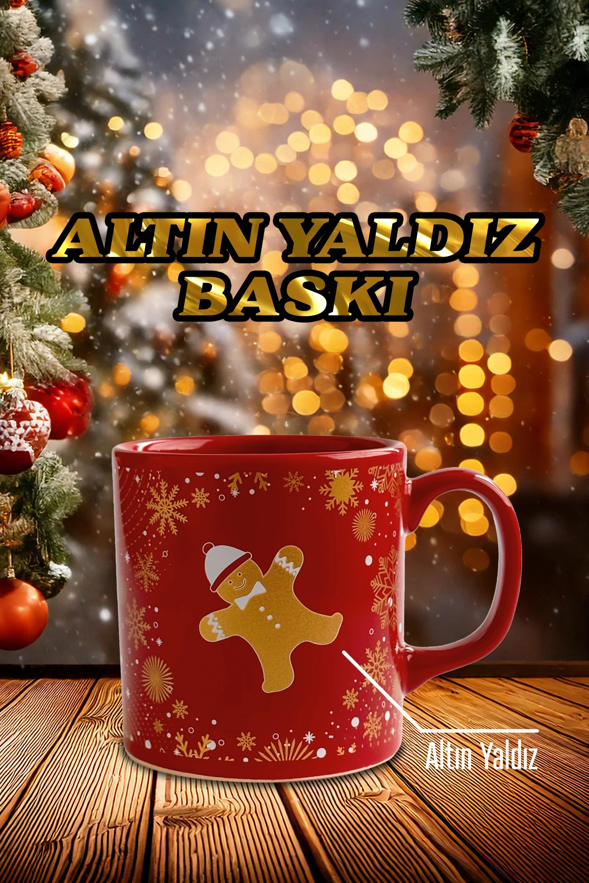 Kurabiye Adam Desenli Seramik Altın Yaldızlı Yılbaşı Kupası