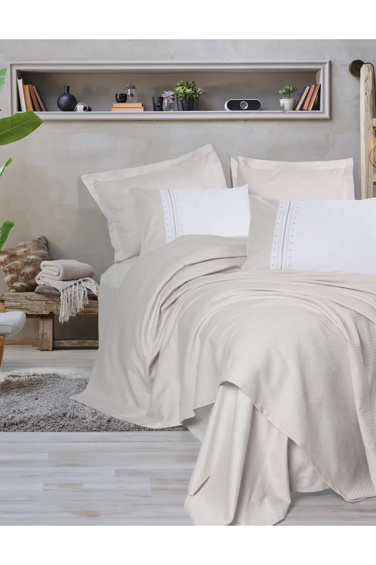 Lusso Bambu Çift Kişilik Pike Takımı Chaste Taş