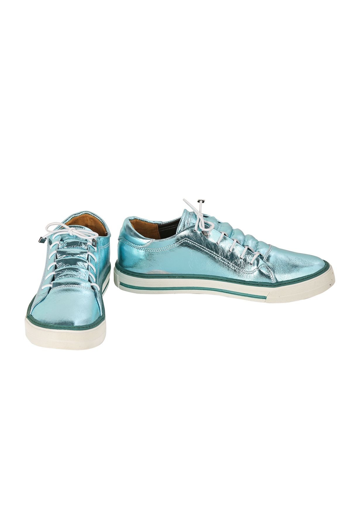 Hakiki Deri Metalik Su Yeşili Kadın Sneaker
