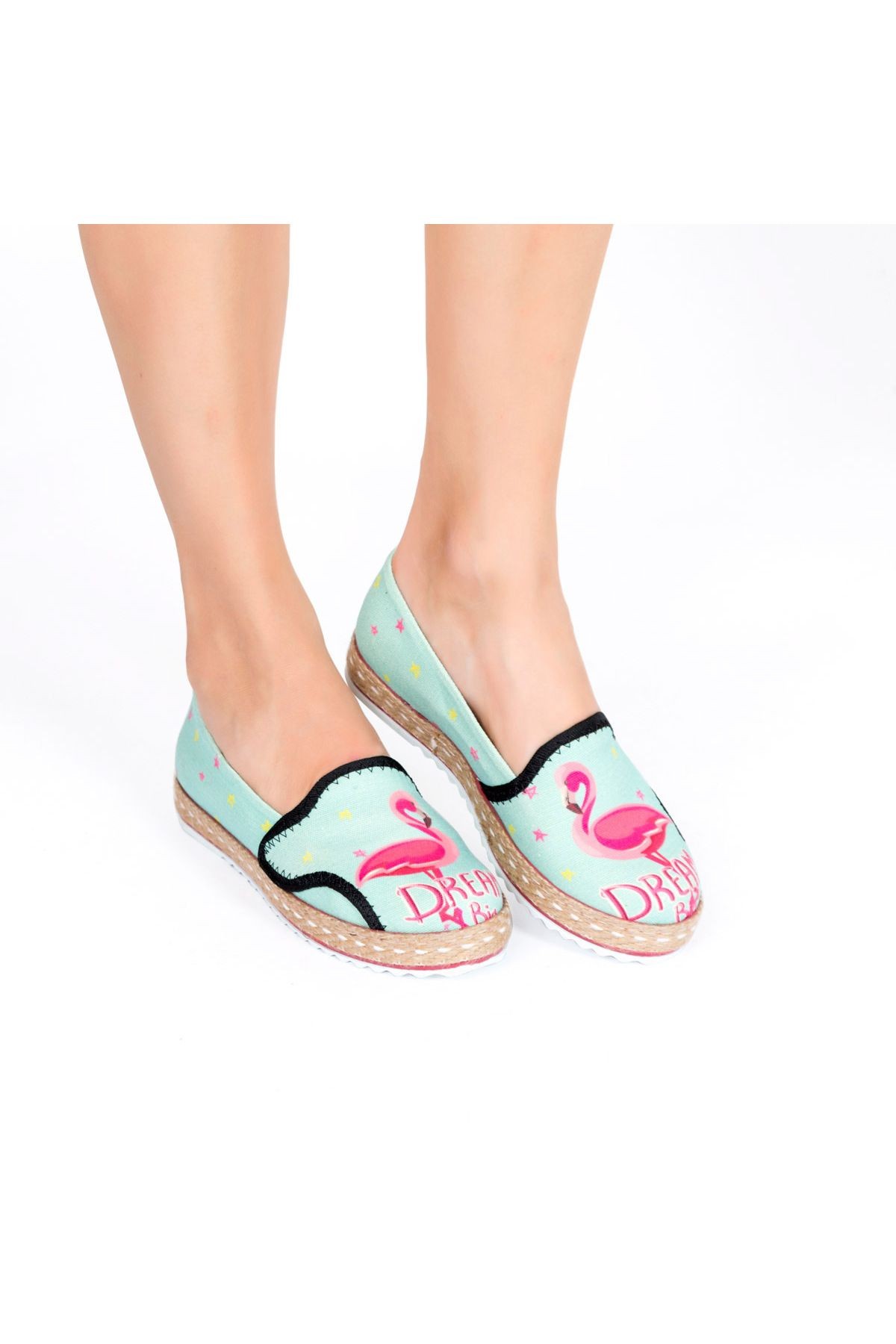 Baskılı Renkli Flamingo Tasarım Keten Kadın Sneaker