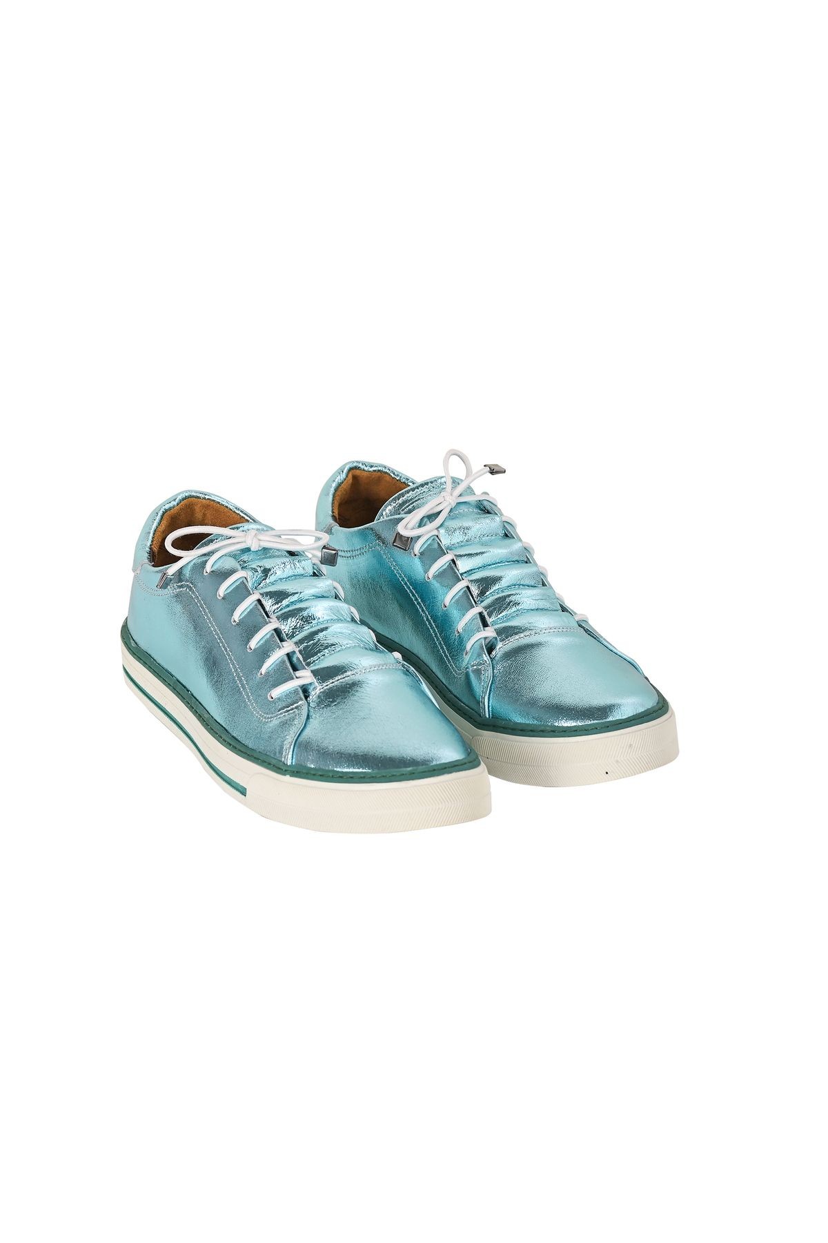 Hakiki Deri Metalik Su Yeşili Kadın Sneaker