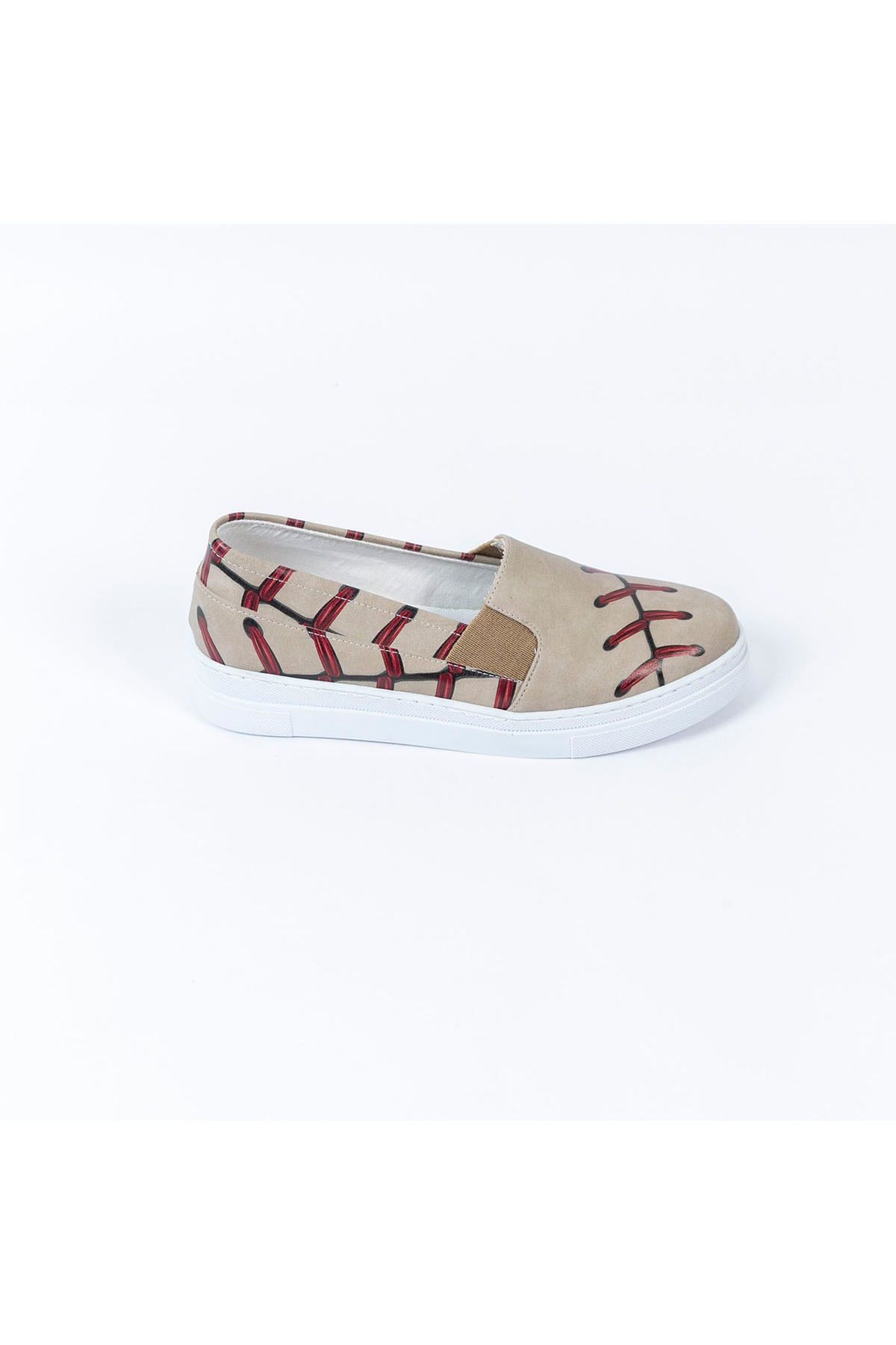 Baskılı Renkli Bej-Kırmızı Tasarım Kadın Sneaker