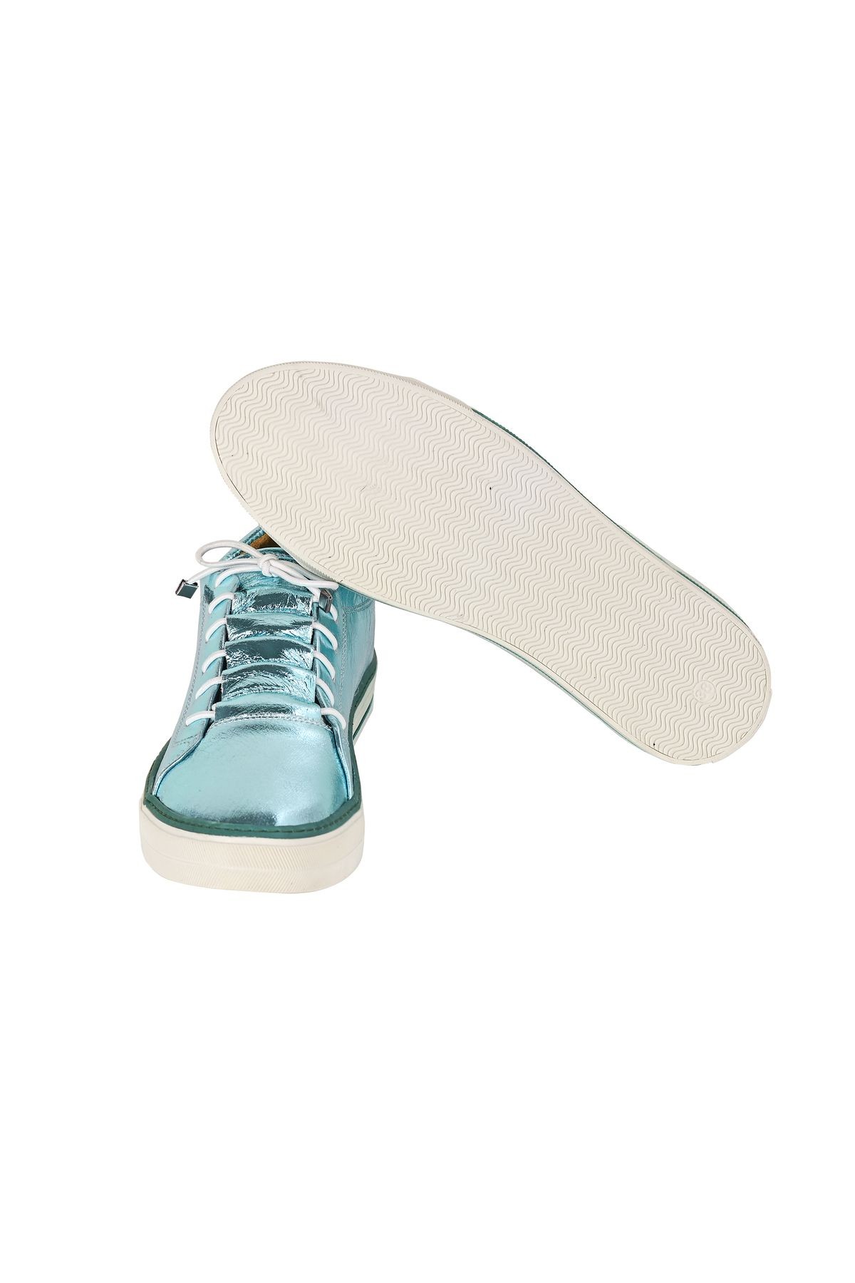 Hakiki Deri Metalik Su Yeşili Kadın Sneaker