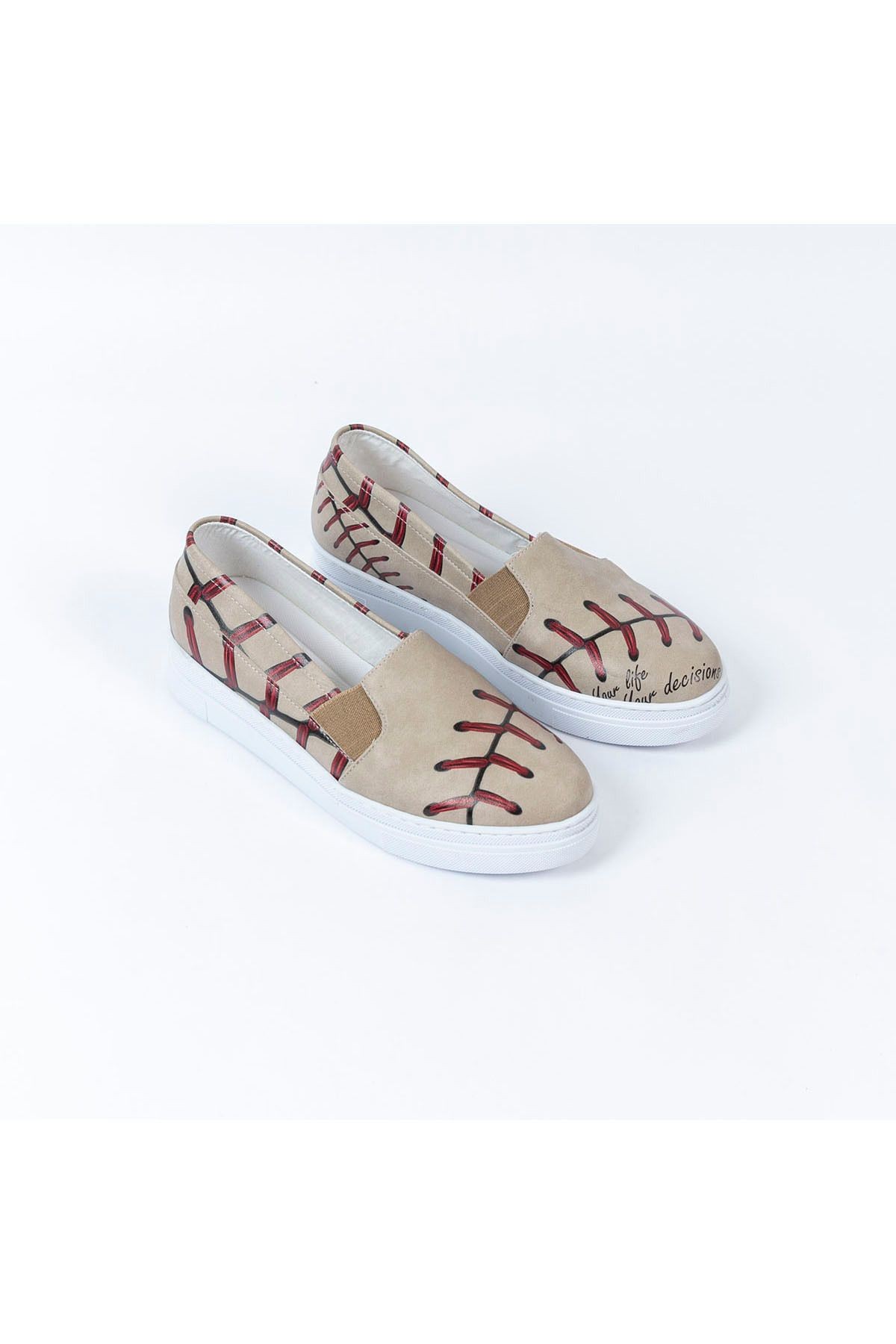 Baskılı Renkli Bej-Kırmızı Tasarım Kadın Sneaker