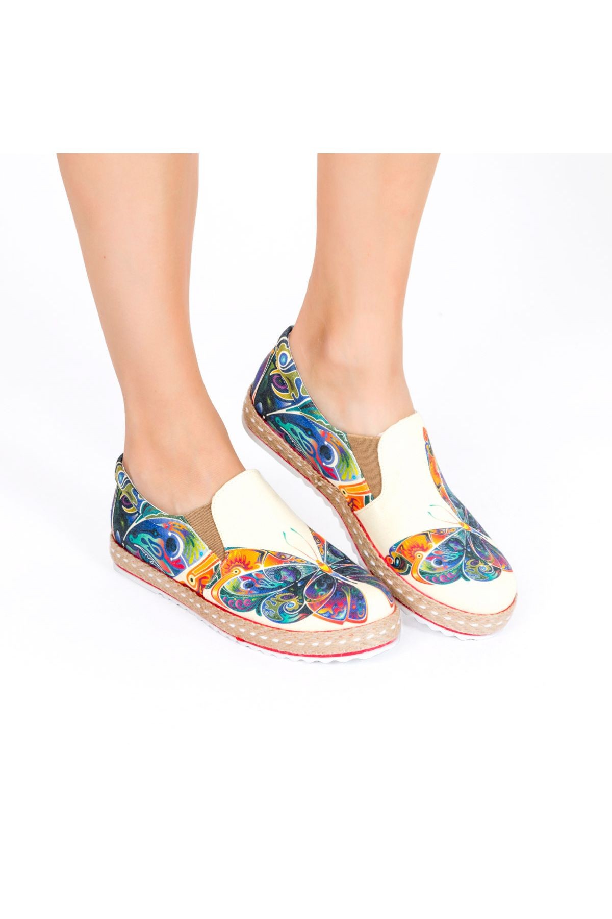 Baskılı Renkli Butterfly Tasarım Keten Kadın Sneaker