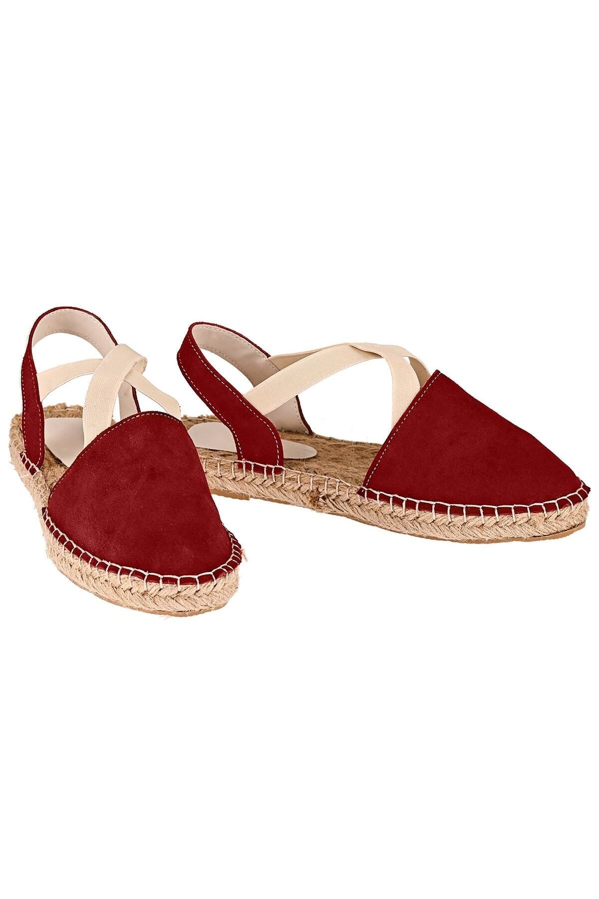 Kadın Bordo Hakiki Deri El Yapımı Espadril