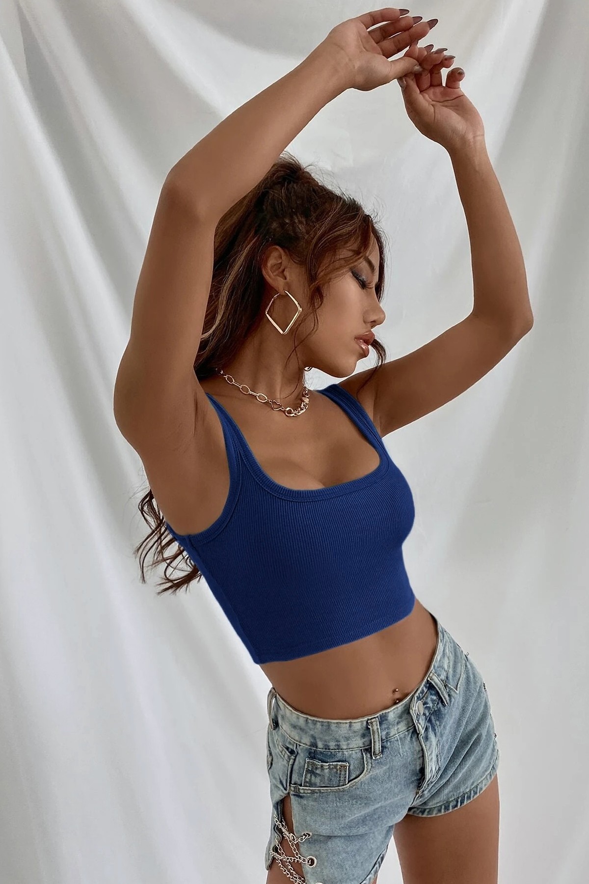 Kadın Lacivert Kalın Askılı Crop Top Büstiyer