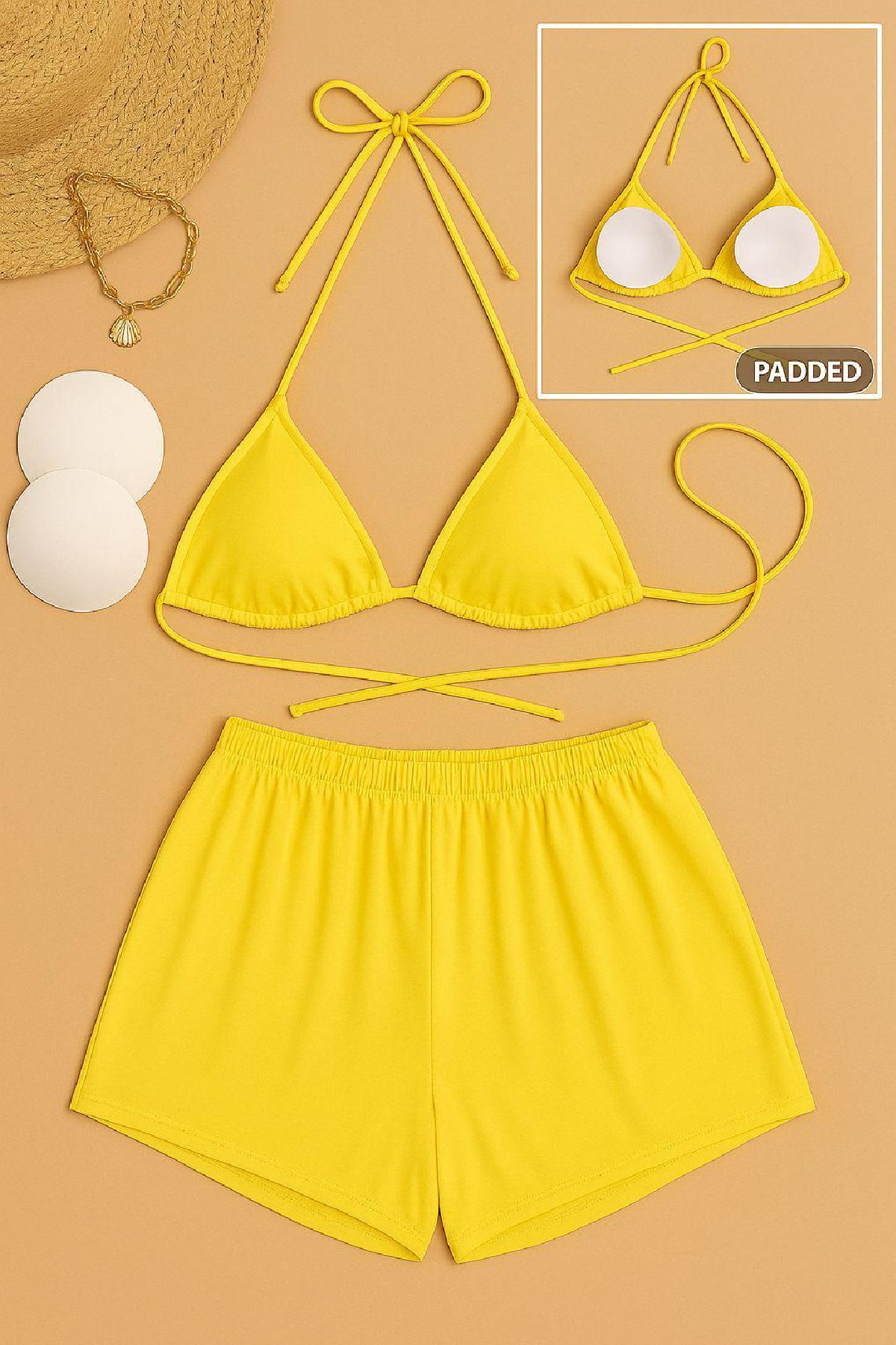 Kadın Sarı Şortlu Belden ve Boyundan Bağlamalı Bikini Takımı