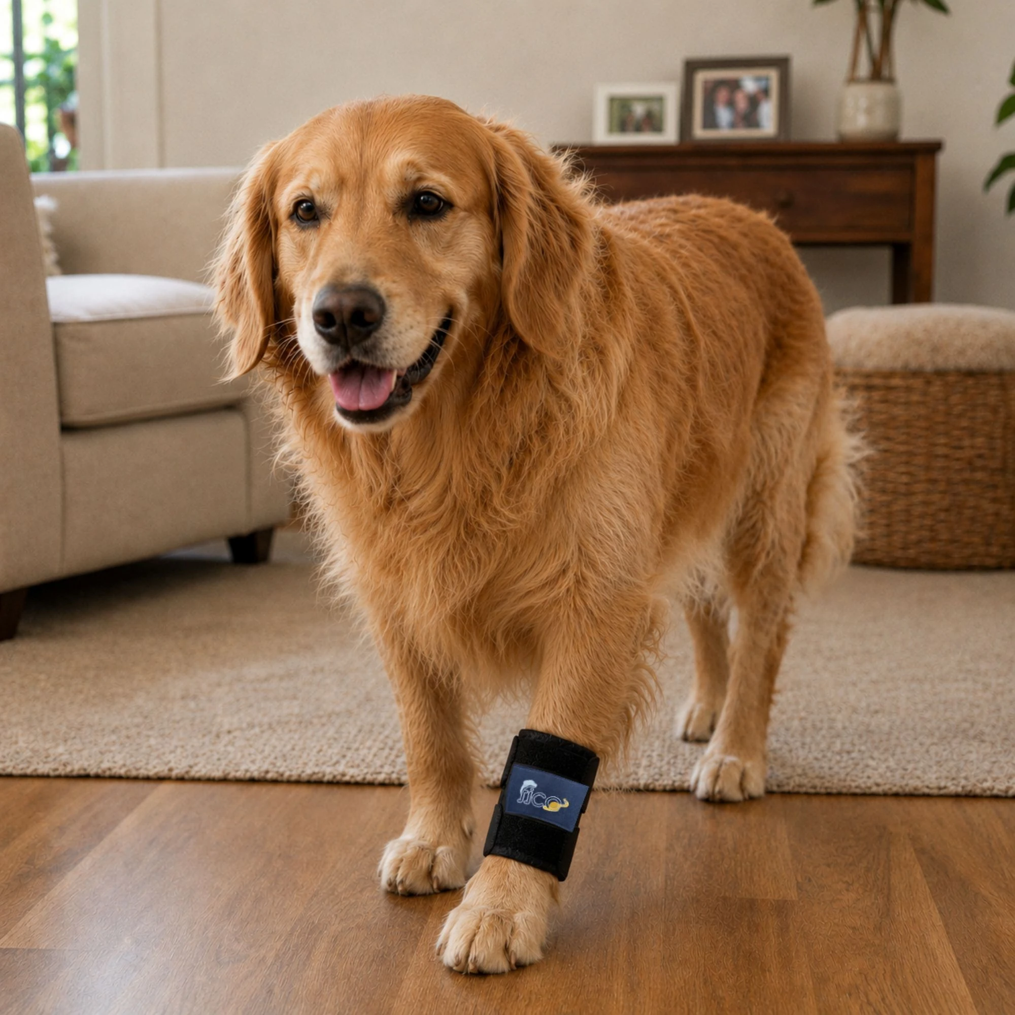 Ön bacak bilek desteği takan Golden Retriever
