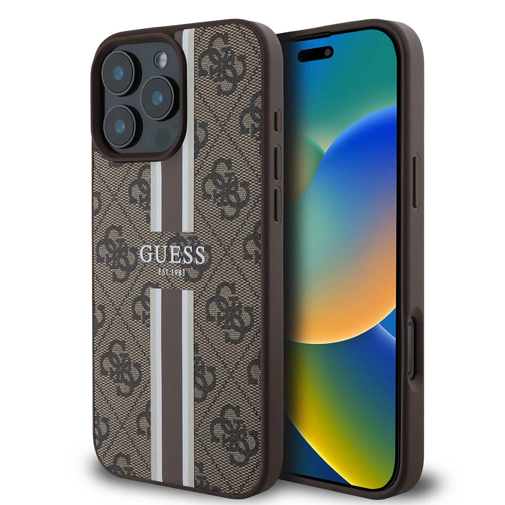 Apple iPhone 16 Pro Max Kılıf Guess Orjinal Lisanslı M-safe Şarj Özellikli 4G Şerit Tasarımlı Printed Kapak