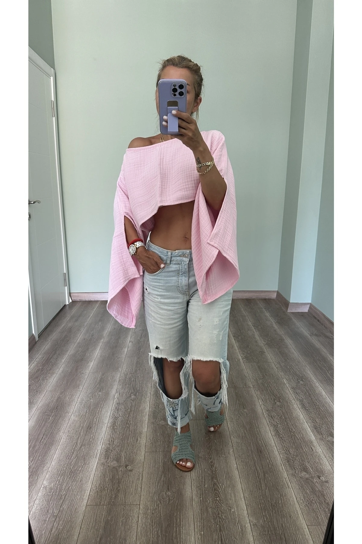 Kolları Yırtmaçlı Crop Top - pink