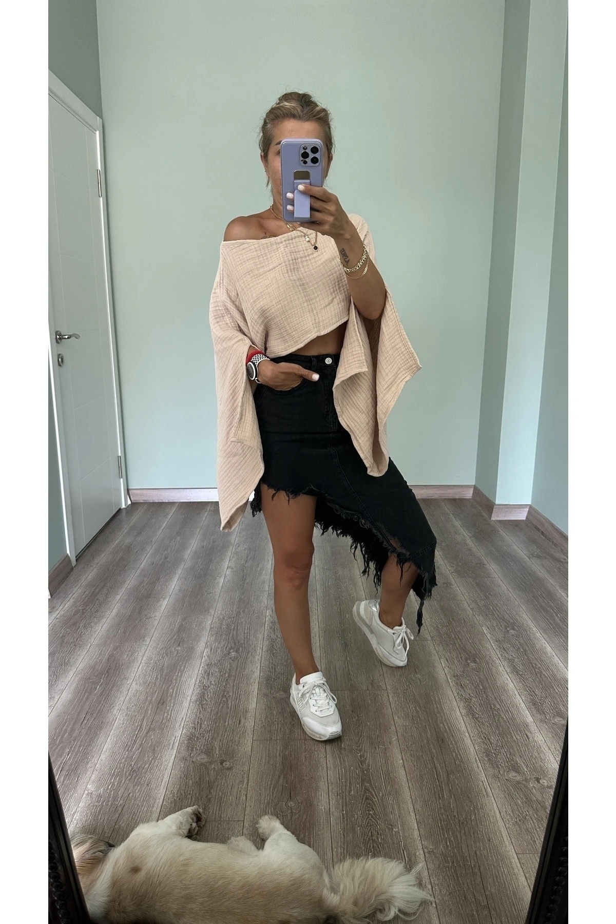 Kolları Yırtmaçlı Crop Top - bej